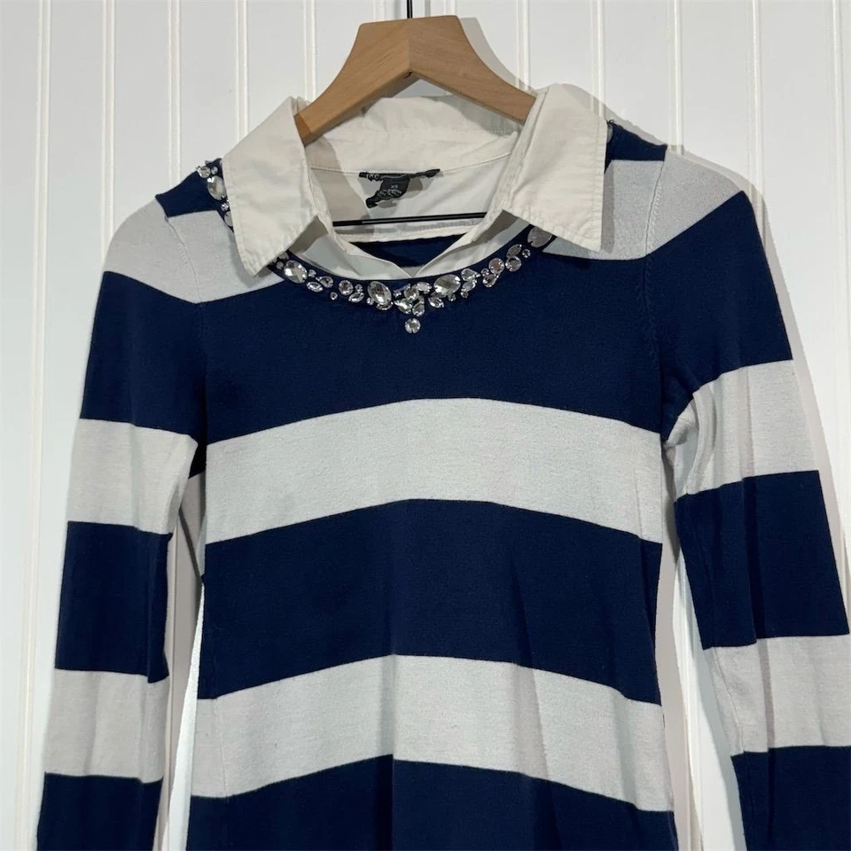 INC XS Suéter a Rayas Capas Camisa Cuello Joya Azul Marino Blanco Preppy Academia Foto 2 de 4