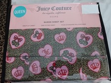 JUICY COUTURE VALENTINE PINK HEARTS LEOPARD JUICY LOGO PRNT QUEEN SHEET SET NIP