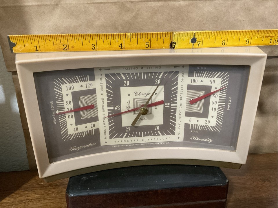 A gorgeous Art Deco Taylor barometric weather center — all brass dials and period typography, pure 1930s science chic.