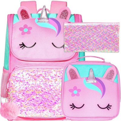 3PCS Unicorn Backpack for Girls, 15'' Kids Sequin Bookbag with Lunch Box, Pink...