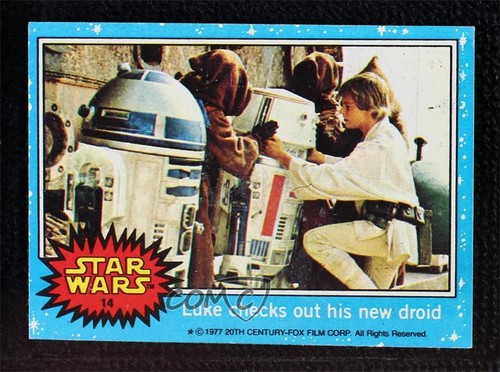 1977 Topps Star Wars #14 Luke checks out his new droid — Raw