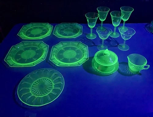 Vintage Uranium Depression Glass 13pc LOT (Plates, Glasses, Dish w/ Lid & Cup)