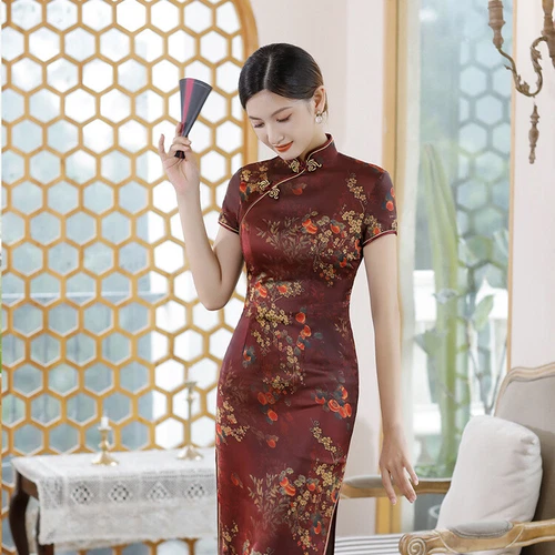 Chinese Traditional Silk Qipao Dress Summer Long Cheongsam Women Stage Costumes - Picture 4 of 25