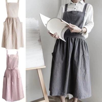 Apron Cotton Linen Crossover Pinafore Dress Home Cooking Kitchen Painting