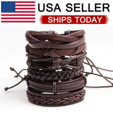 6PCS Braided Leather Brown Bracelet For Cuff Wrap Wristband Men Women Gift