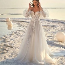 Beach Wedding Dress Puff Sleeve Sweetheart Tulle Applique A Line Bride GownTrain