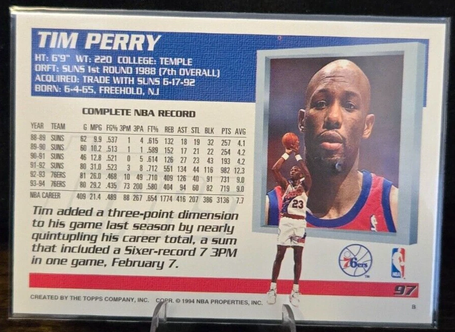 Topps - 1994 - Tim Perry - #97 Philadelphia 76ers - Card - Image 2 of 2