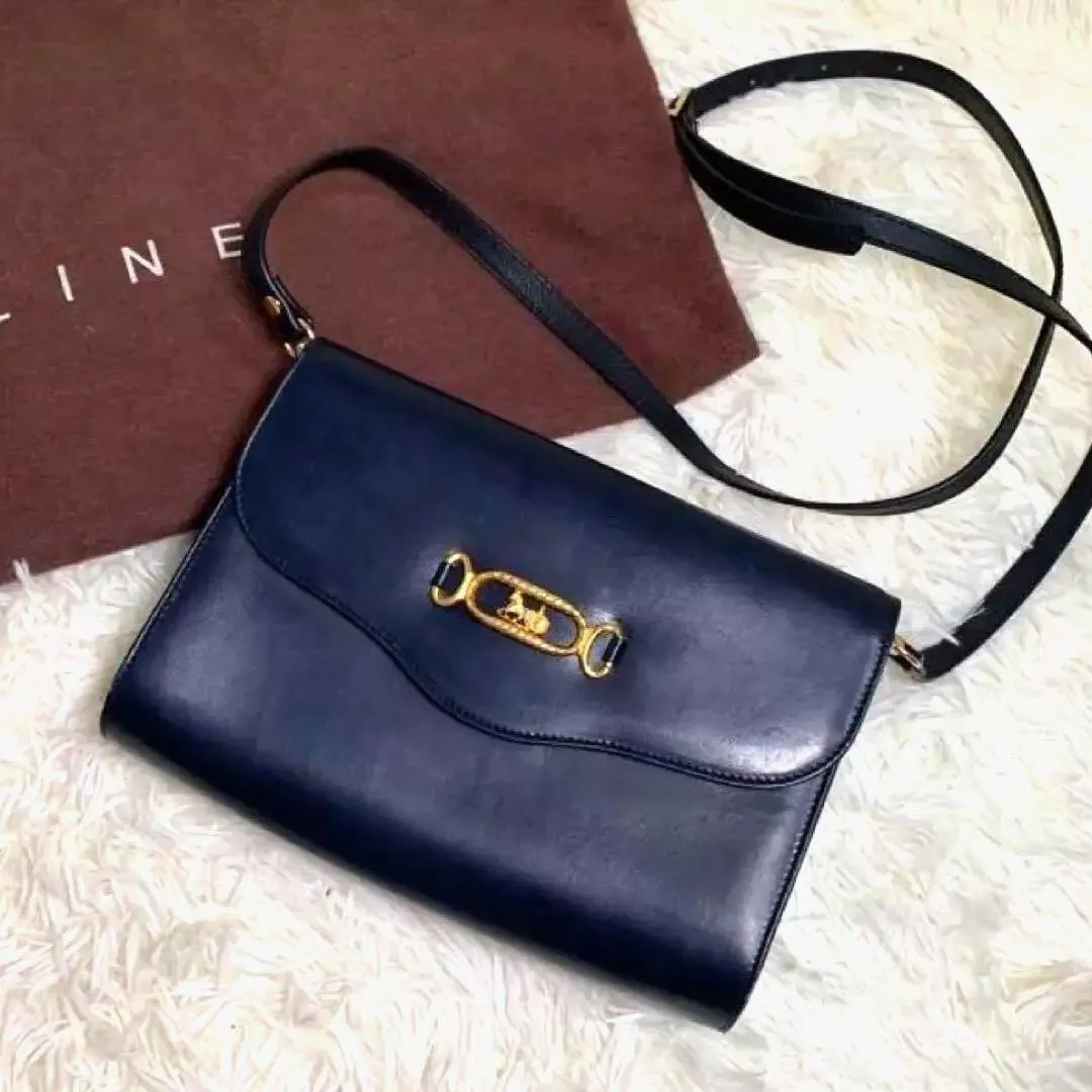 Vintage Old Celine Leather Shoulder Bag Crossbody Dark Navy Made in Italy