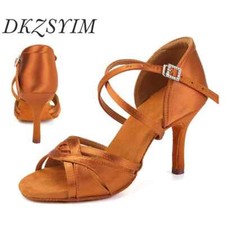 Women Ballroom Tango Latin Dancing Shoe Suede Soles Silk High Heel Party Sandals