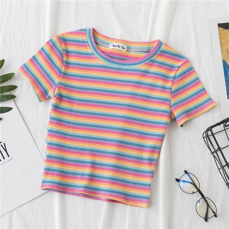 Rainbow Stripe T-Shirt Top Slim Fit shirt Harajuku Style