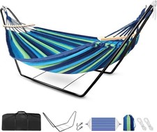 Double Cotton Hammock Stand Adjustable Steel Frame Blue 2 Person Carry Bag Set