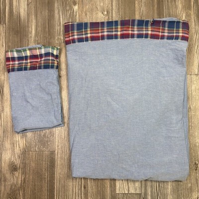 Vtg. Ralph Lauren Garrison Plaid Chambray Queen Flat Sheet 1 Pillowcase FLAW