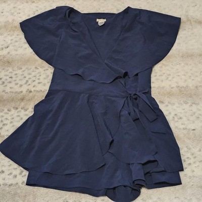 Main Strip Navy Blue Ruffle Faux Wrap Romper 1XL