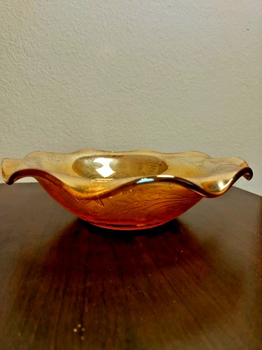 Vintage Carnival Glass Floral Vine Bowl Marigold Iridescent 9.5” Ruffled Rim