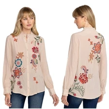 Johnny Was Workshop Embroidered Blouse Boho Luxe Artisan Ruffle Collar Womens S