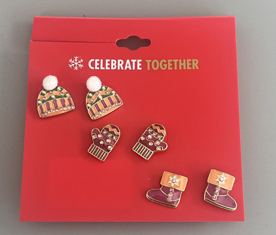 New Celebrate Together 3 Pair Christmas Earrings Mittens-Boots-Hats Rhinestone
