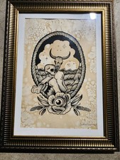 Original Tattoo Flash Artwork Signed Western Skull Ink Framed