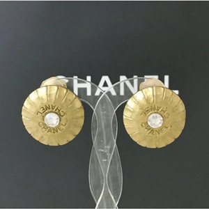 Authentic CHANEL Logo Earrings Matte Gold Plated Crystal Rhinestone 99A Stamped Vintage