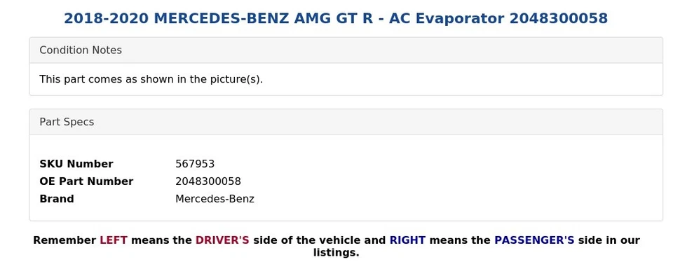 Mercedes-Benz AMG GT R 2018-2020 - Evaporador de CA 2048300058 Foto 4 de 4