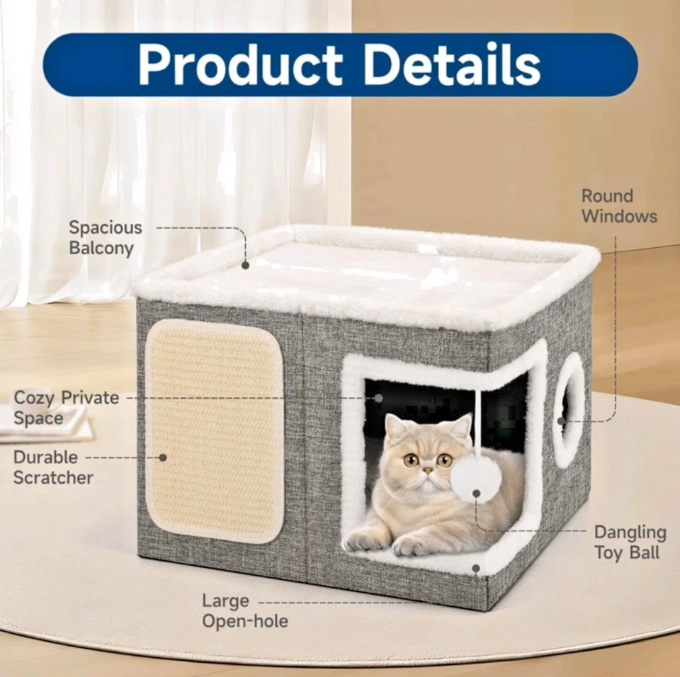 Casa para gatos de interior con 2 cojines, cueva grande para gatos, almohadilla para rascar y pelota Foto 4 de 4