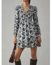 By Anthropologie Blue Floral Ruffle Mini Dress Long Sleeve Cottagecore Boho