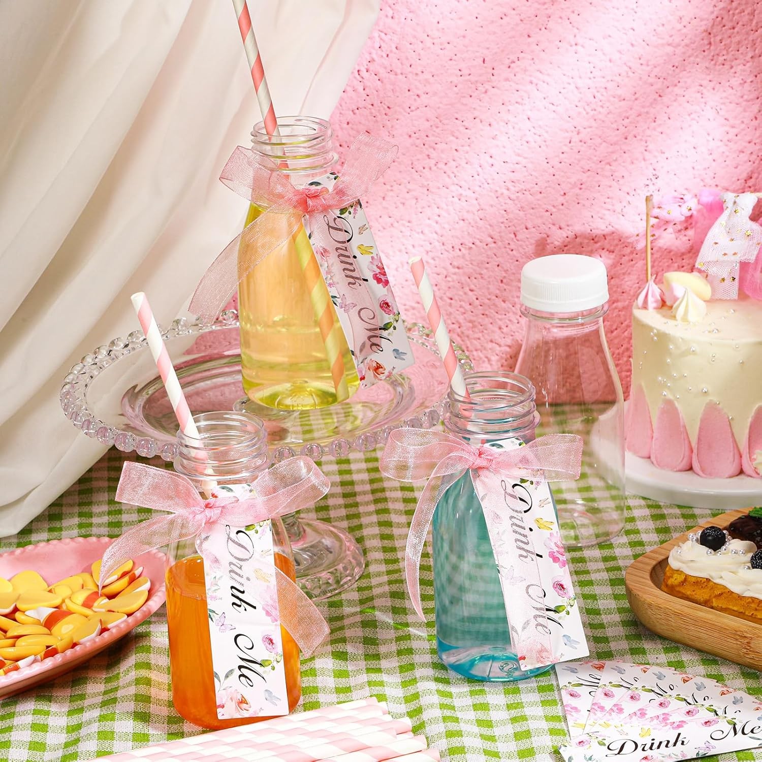 Tanlade 25 Set 8 oz Plastic Milk Bottles with Straws and Lids clear, pink 