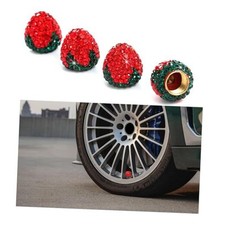 4 PCS Strawberry Car Tire Valve Stem Caps, Bling Rhinestone Wheel Valve Red