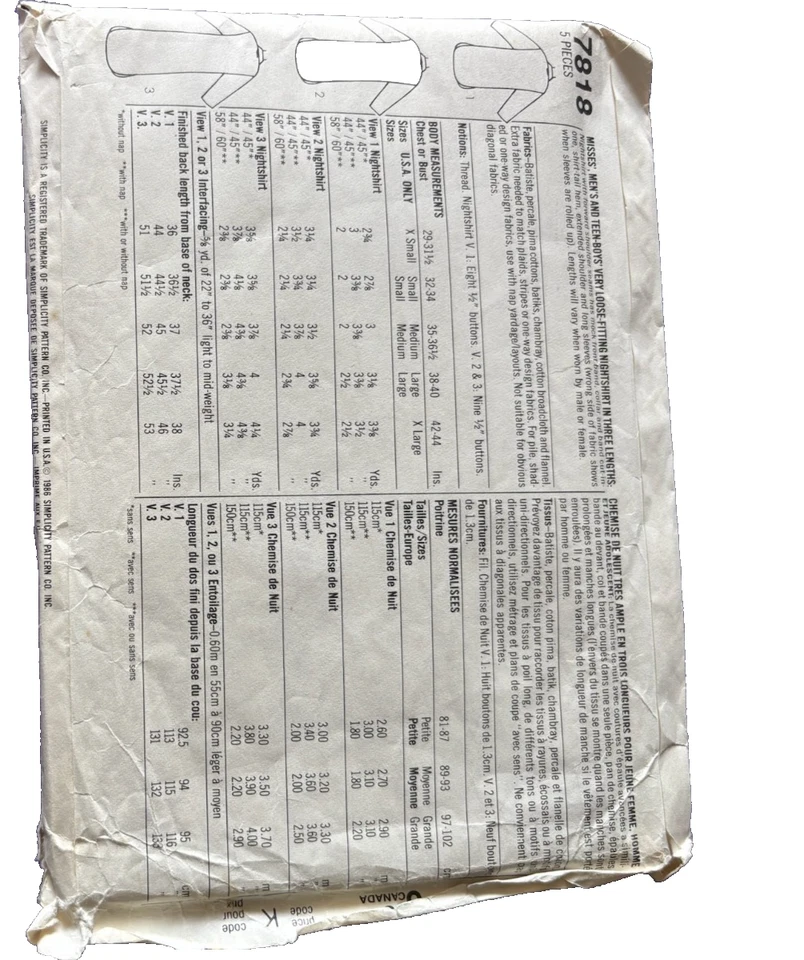 SIMPLICITY Sewing Pattern 7818  Men's Women Pajamas Night Shirt  XS 29-31.5 FF - Image 2 of 2