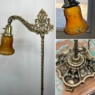 RESTORED Antique Vtg Arts & Crafts Deco Bridge Floor Lamp Amber Glass Victorian