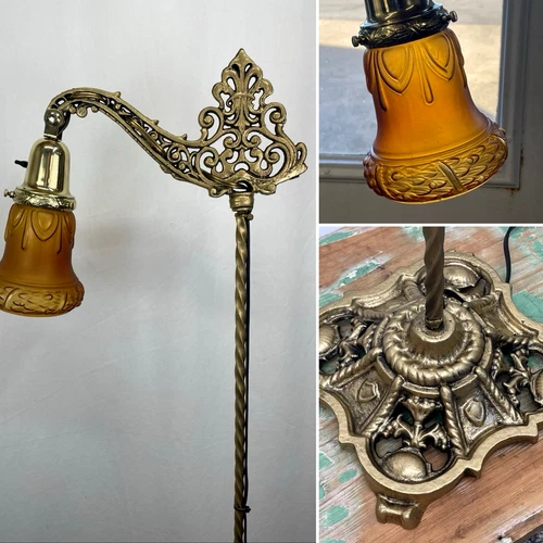 RESTORED Antique Vtg Arts & Crafts Deco Bridge Floor Lamp Amber Glass Victorian
