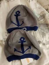2 Gymboree STRIPES  ANCHOR Grey Blue Knit Sweater Cap Hat New With Tags Medium