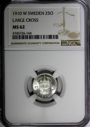 Sweden Gustaf V Silver 1910 W 25 Ore LARGE CROSS NGC MS62 KM# 785 (144) - Picture 2 of 4