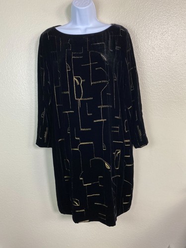 NEW Lafayette 148 Silk Blend Black Gold Velvet Long Sleeve Shift Dress sz Medium