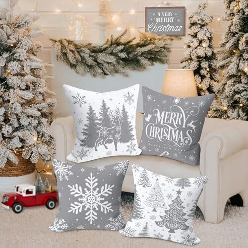 12x12 Christmas Pillow Covers Set of 4, Christmas 12" x 12" (Pack of 4) Grey - Picture 4 of 6