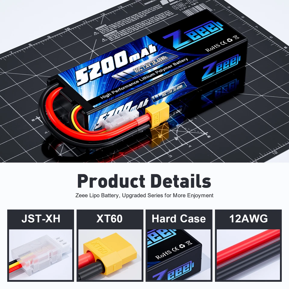 2x Zeee 2S Lipo Akku 7,4V 80C 5200mAh Hardcase XT60 für RC Auto LKW Truggy Model - Bild 3 von 4