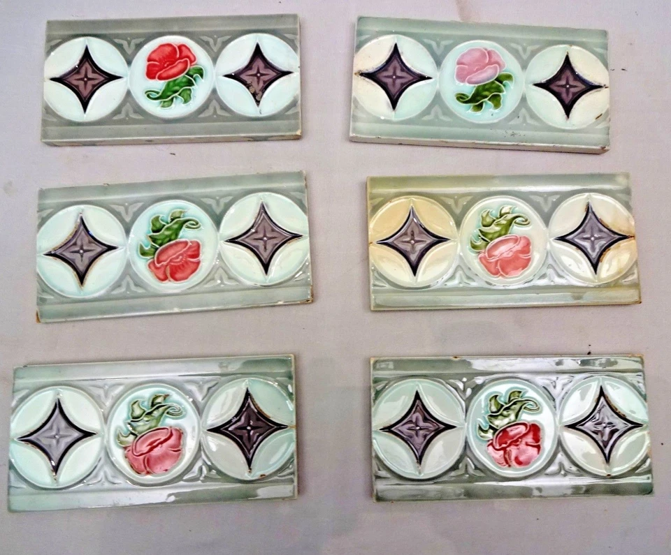 Lote de 6 peças de azulejo antigo Japão Dk Majólica cerâmica porcelana borda flor design - Imagem 3 de 4