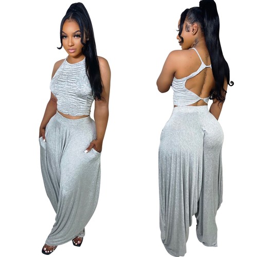Neu Mode Damen rückenfrei ärmellos solide lockere Patchwork Sommer Outfits 2 Stck. - Bild 2 von 16