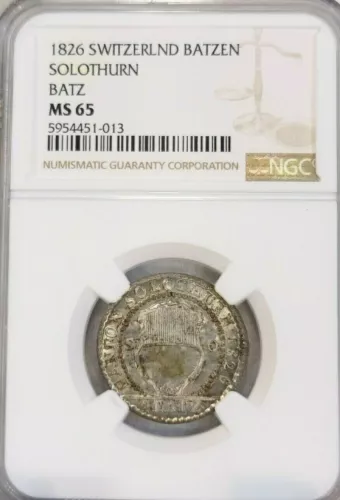 1826 SWITZERLAND SILVER 1 BATZEN SOLOTHURN BATZ NGC MS 65 BEAUTIFUL GEM BU COIN