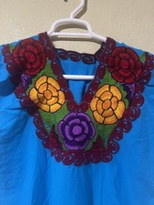 Women Embroidered Mexican Oaxacan Boho Top Turquoise Floral Sz L/XL a5