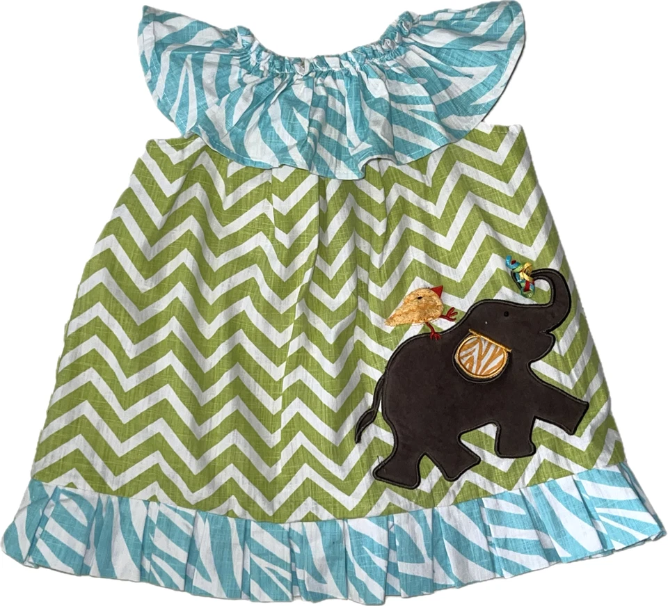 MUDPIE Safari Elephant Green White Blue Chevron Dress Girls Size 12 18 M - Image 2 of 4