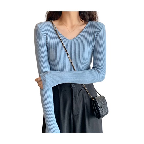 Basic Ribbed V Neck Sweater Long Sleeve Jumper Knitted Tops Pullover Slim Fit - Picture 6 of 30