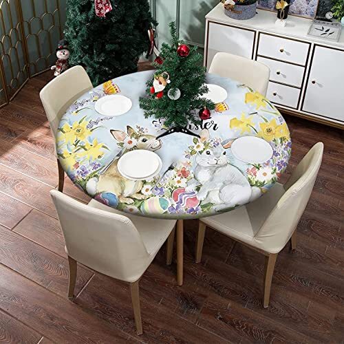 Happy Easter Day Fitted Tablecloth Cute Rabbits Spring Flowers Bunny Elastic ... - Picture 4 of 6