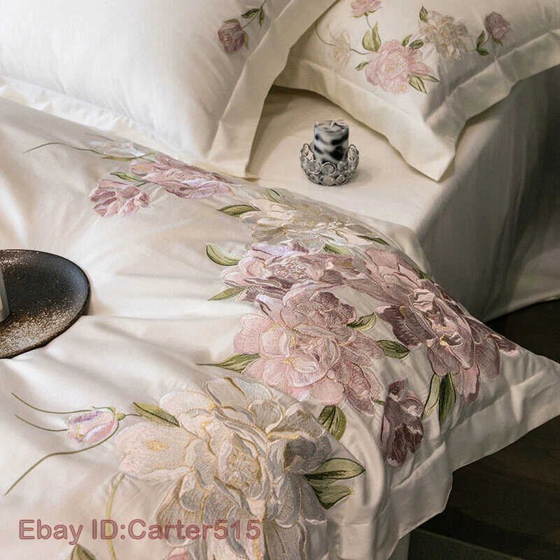 4pcs/lot Bedding Set Silk Cotton Embroidery Flowers Duvet Cover Flat Sheet Set - Image 4 of 4