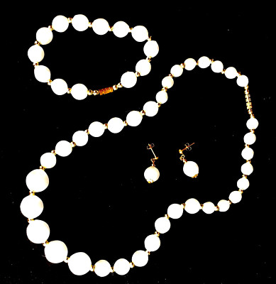 White Silk Thread  Bead Choker Bracelet Earrings 17'' Graduated