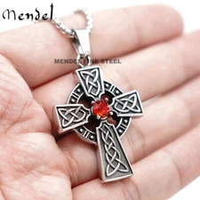 MENDEL Womens Red CZ Stone Irish Celtic Cross Pendant Necklace Stainless Steel