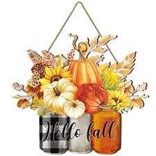 Hello Fall Door Sign Fall Pumpkin Hanging Door Decor Thanksgiving Wooden orange