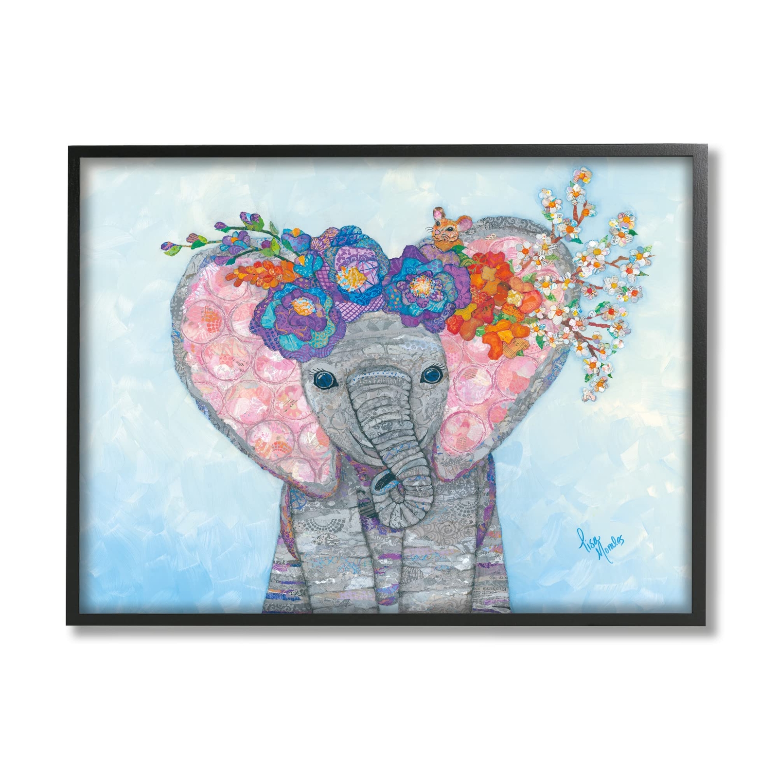 Baby Elephant & Decorated Flower Blossoms Collage Framed Wall Art, Design by ...