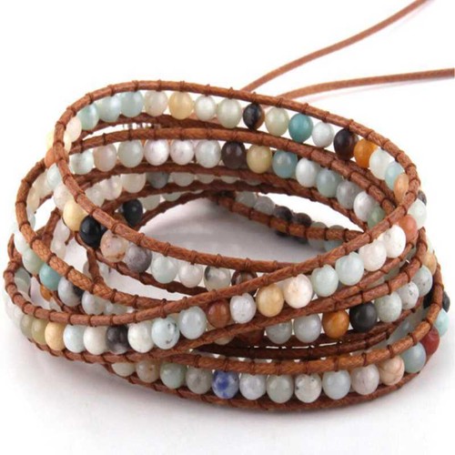 Natural stone bead cowhide rope woven 5 loops cuff bracelet Silver Necklace - Picture 20 of 24