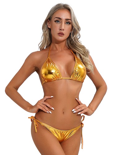 Women Wetlook Bikini Set Halter Triangle Swimwear Lace-up Bra with Mini G-String - Picture 87 of 166