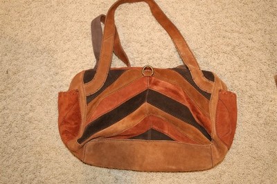 LUCKY BRAND Suede Hobo Bag Patchwork Chevron Boho Zip Close Tote Brown Rust